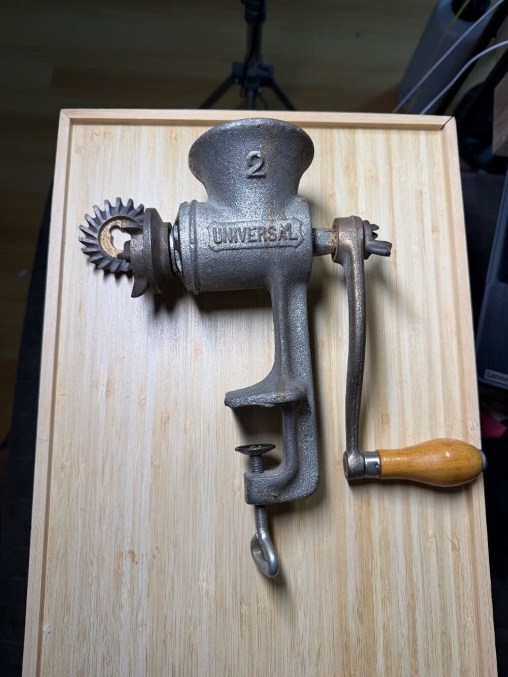 Vintage Universal No. 2 Manual Meat Grinder With Wooden Handle